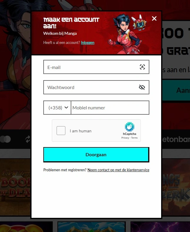 Manga registratieproces voor nieuwe spelers